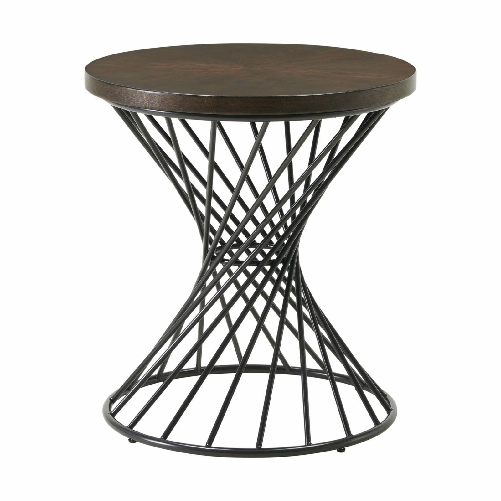 Walnut and Black Round Industrial Metal Wood End Table