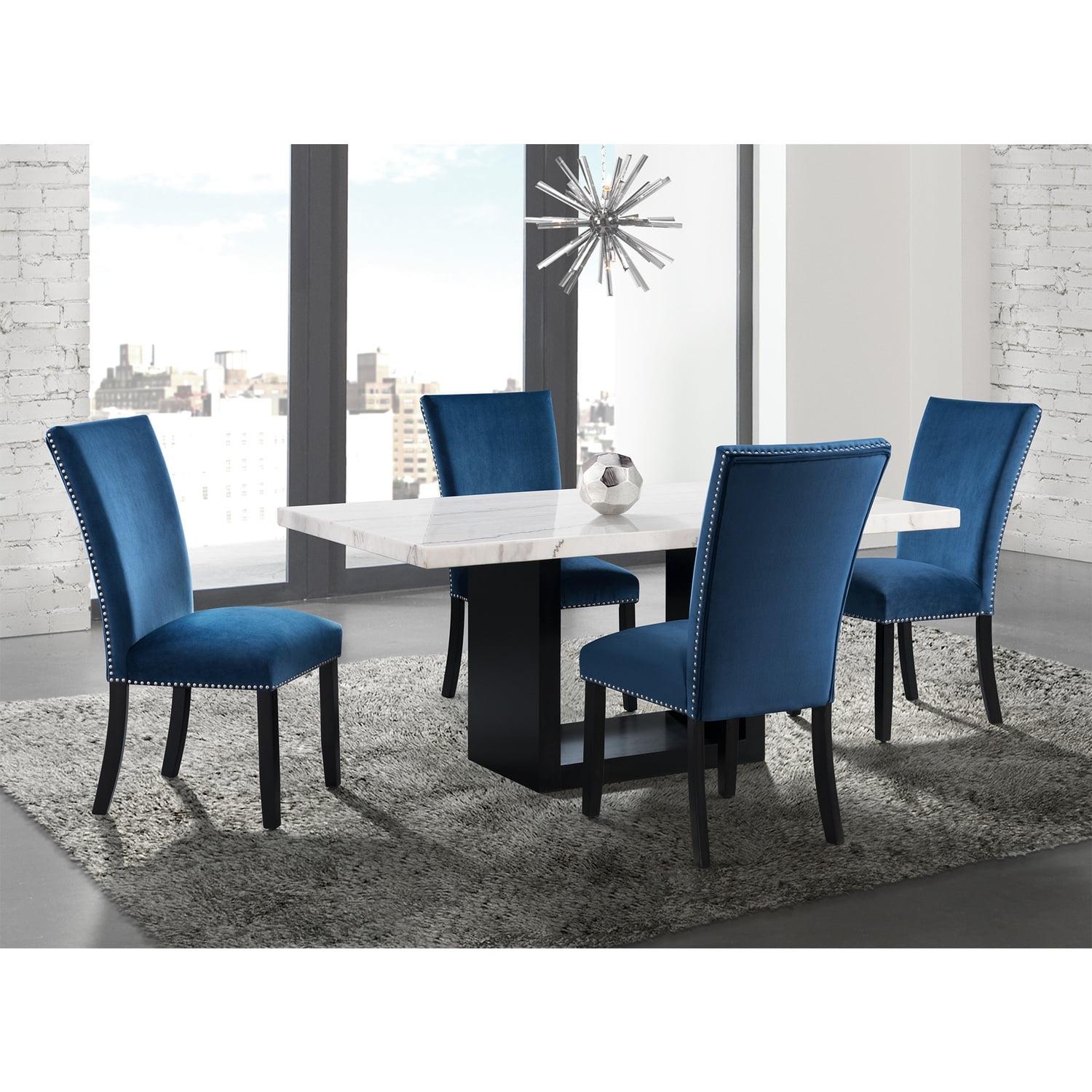 Willow White Marble Dining Set with Blue Velvet Chairs