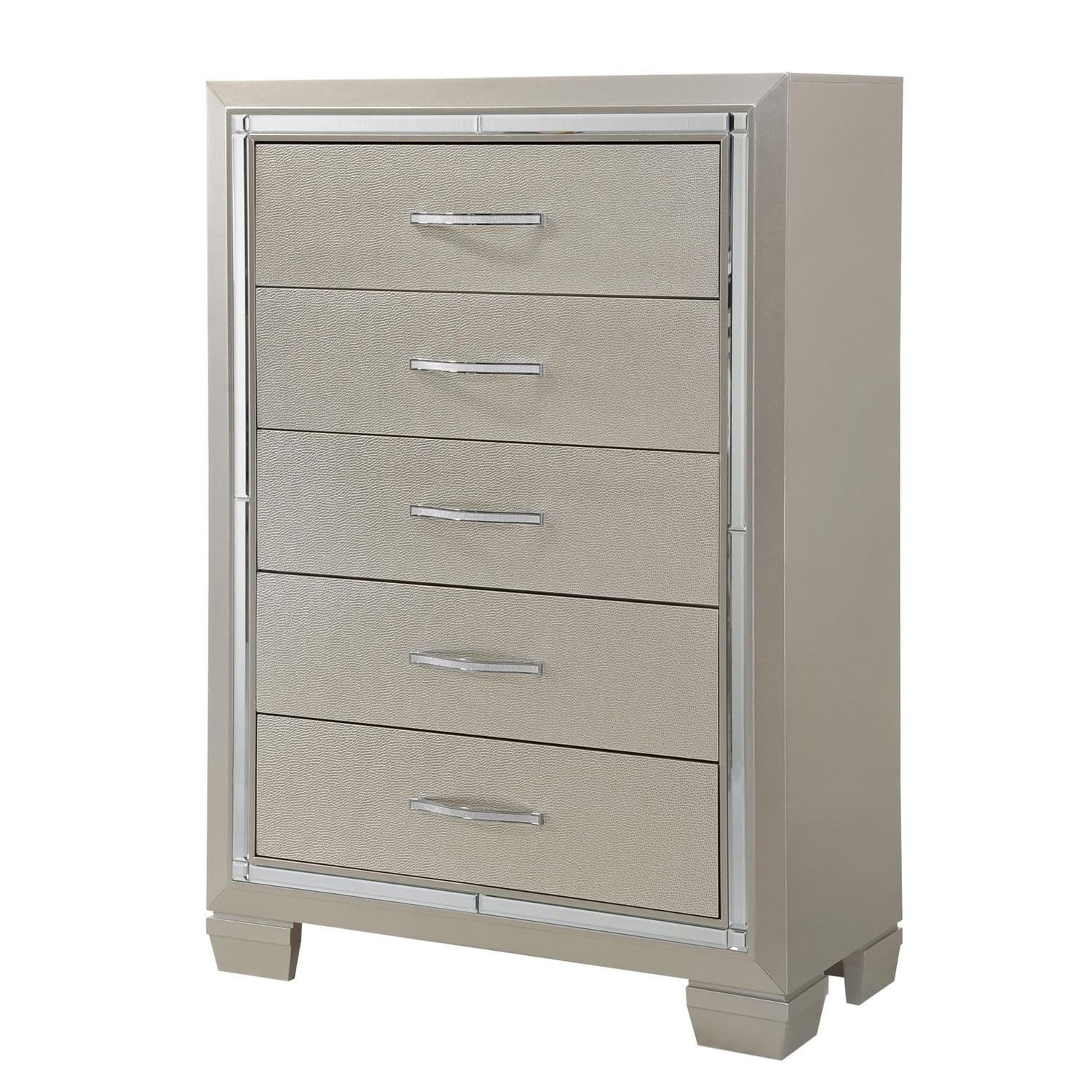 Platinum Gray Glam 5-Drawer Chest with Mirror Trim