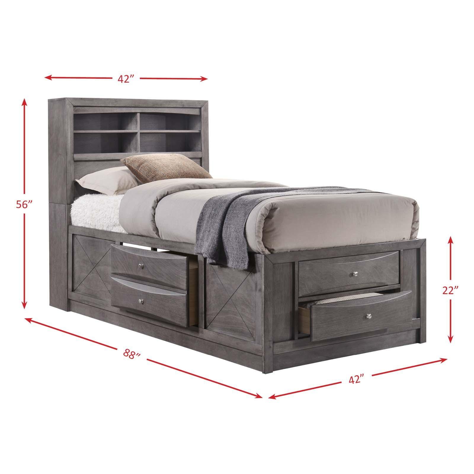 Transitional Twin Gray Upholstered Bookcase Bed with Storage