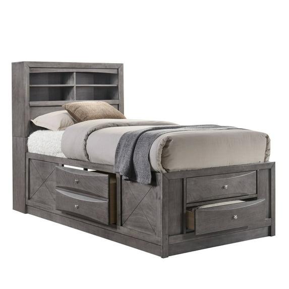 Picket House Furnishings Twin Madison Storage Bed Gray: Bedroom Furniture with Built-In Headboard Storage, Lacquered Finish
