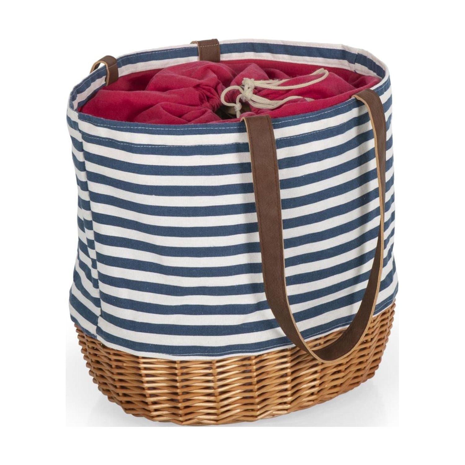 Picnic Time Coronado Canvas and Willow Basket Tote with Navy Blue and White Stripe