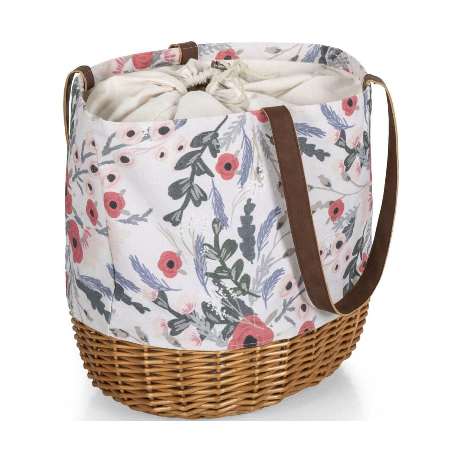 Picnic Time Coronado Canvas and Willow Basket Tote with Floral Pattern