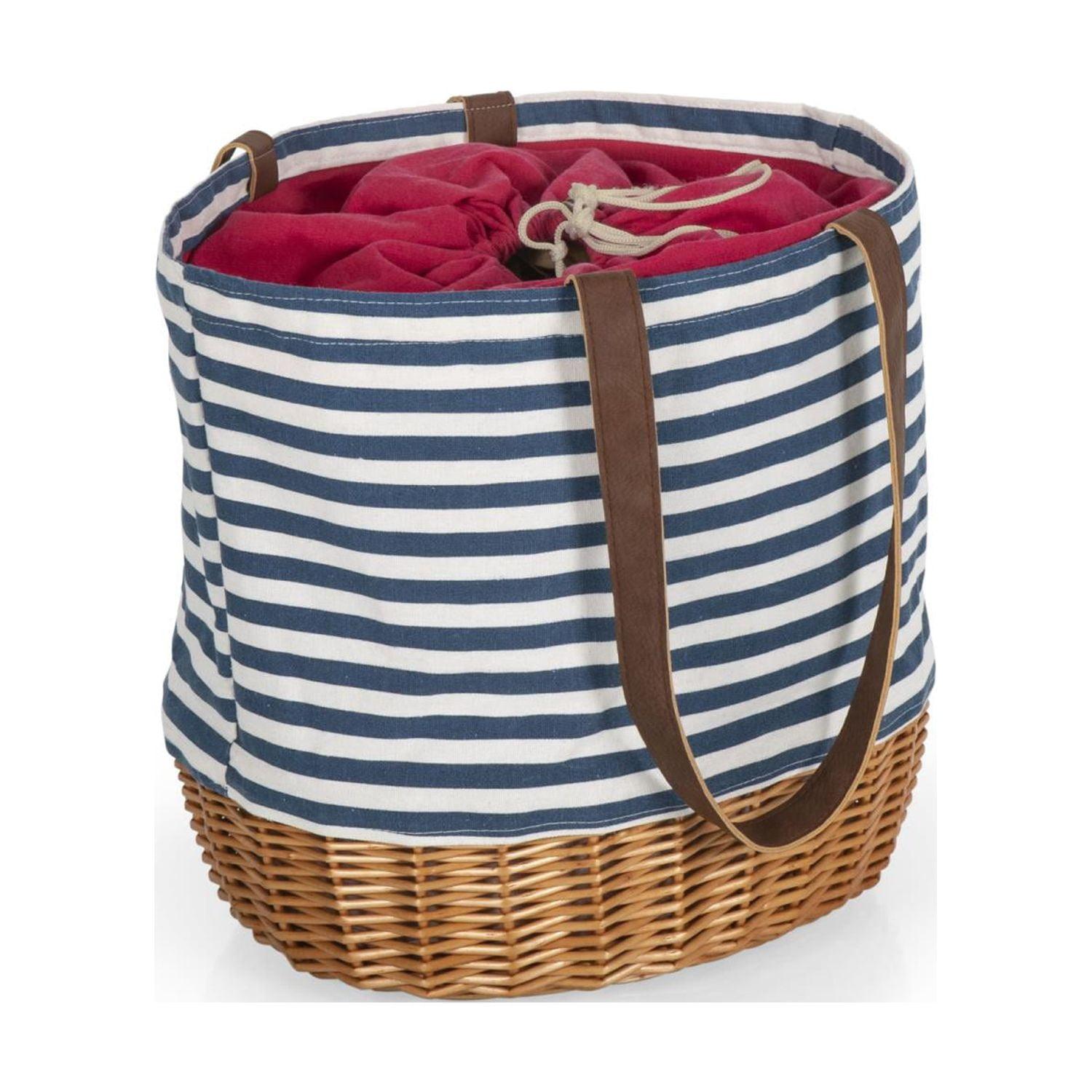 Picnic Time Coronado Canvas and Willow Basket Tote with Navy Blue and White Stripe