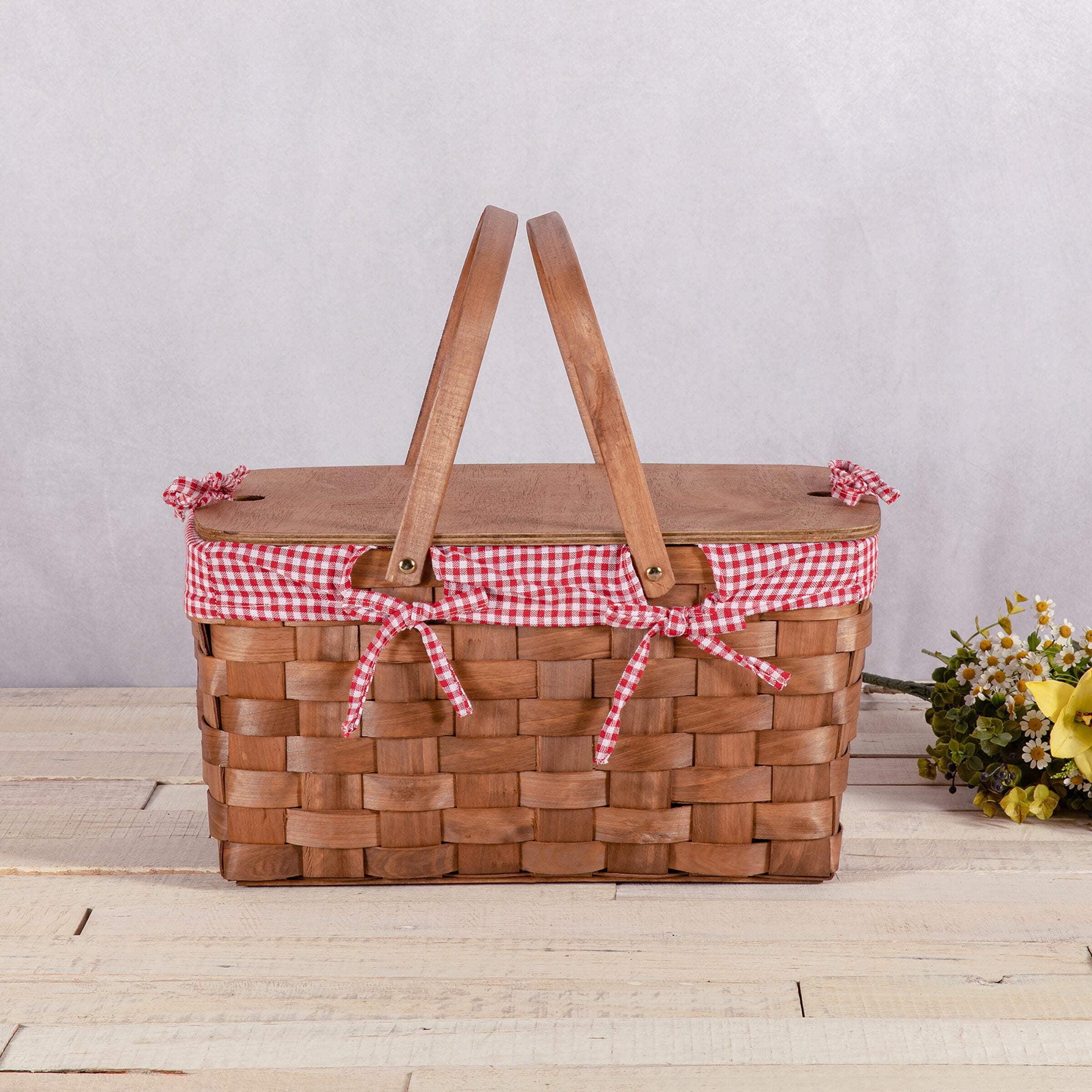 Picnic Time Kansas Handwoven Wood Picnic Basket - Large Basket with Tabletop Lid