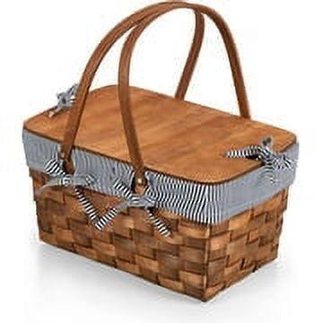 Picnic Time Kansas Handwoven Wood Picnic Basket with Navy Blue and White Stripe