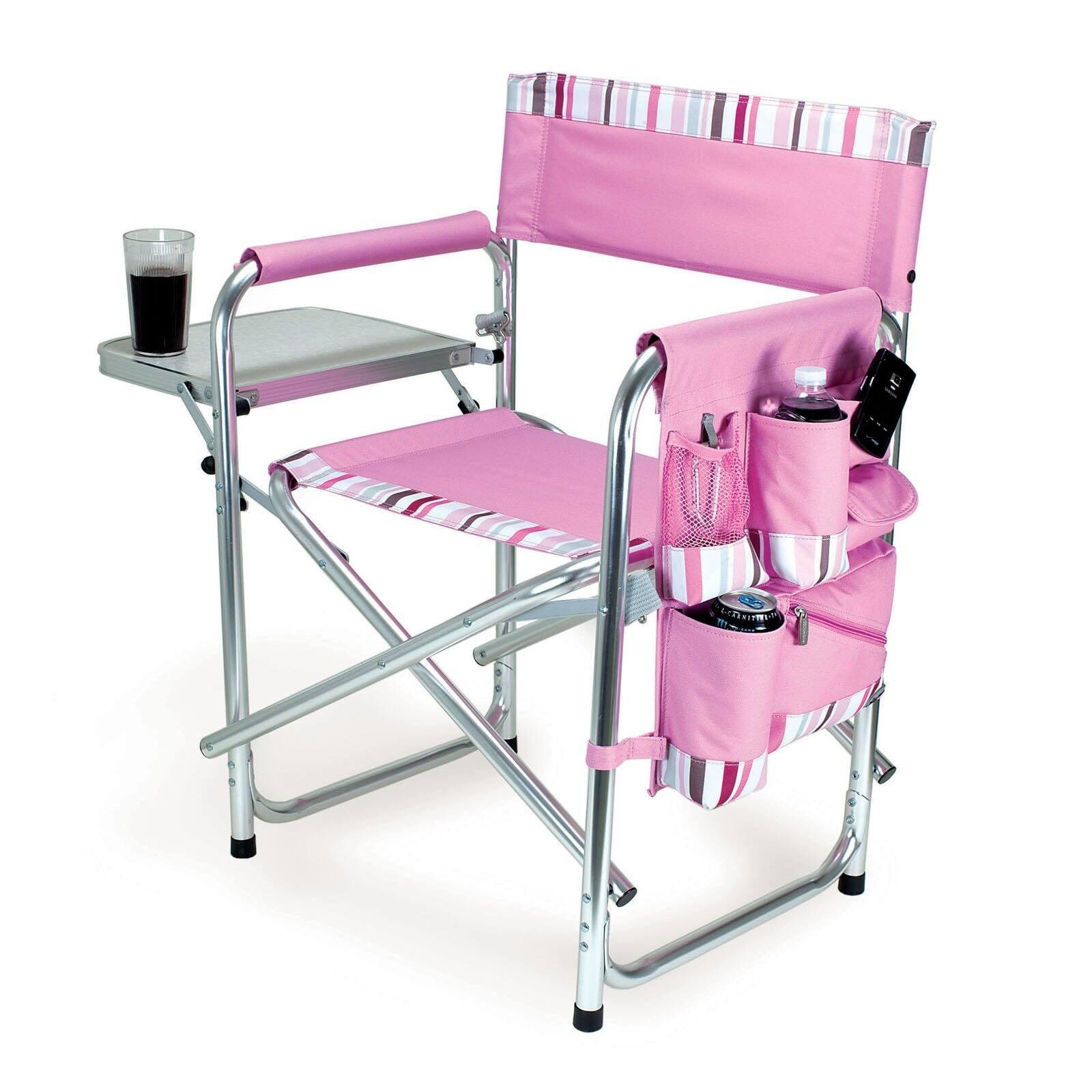 Pink Striped Aluminum Folding Camping Chair with Side Table