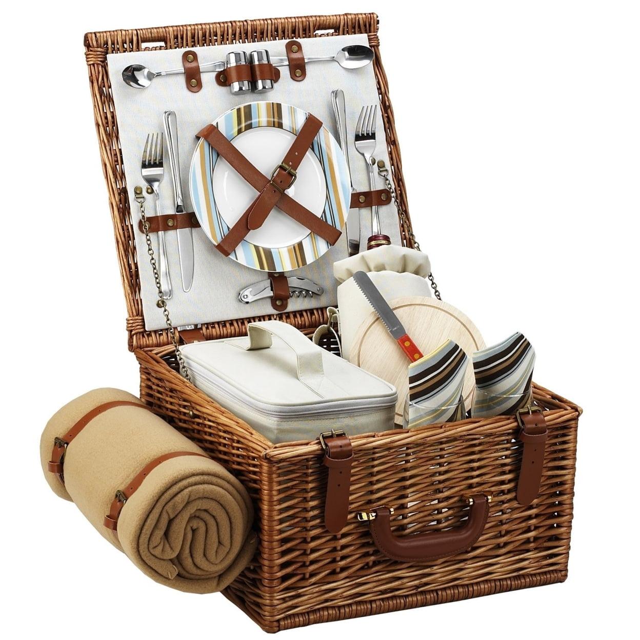 Picnic At Ascot English Style Willow Basket With Two Person Picnic Set And Blanket