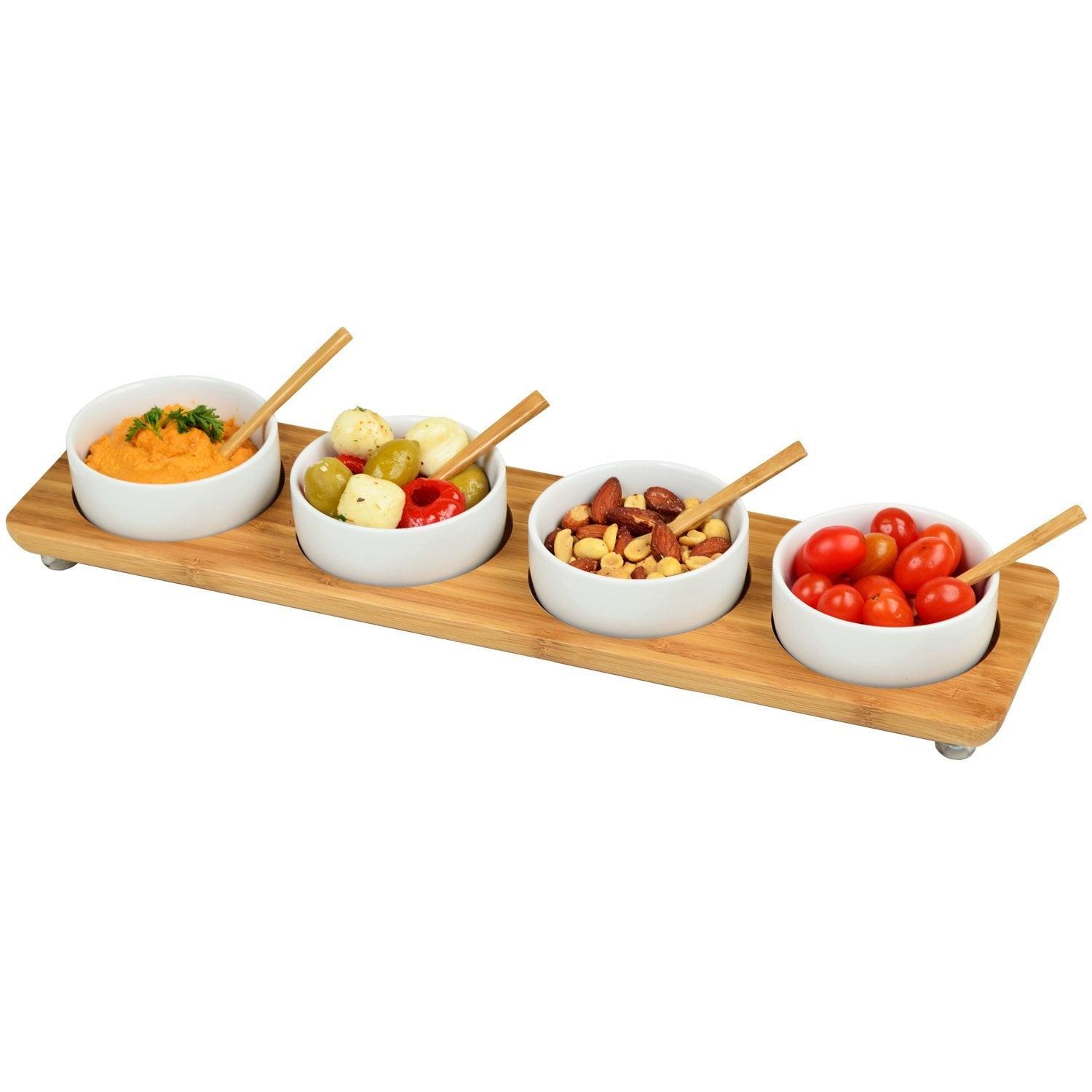 Bamboo Rectangular Serving Platter with Four Ceramic Bowls