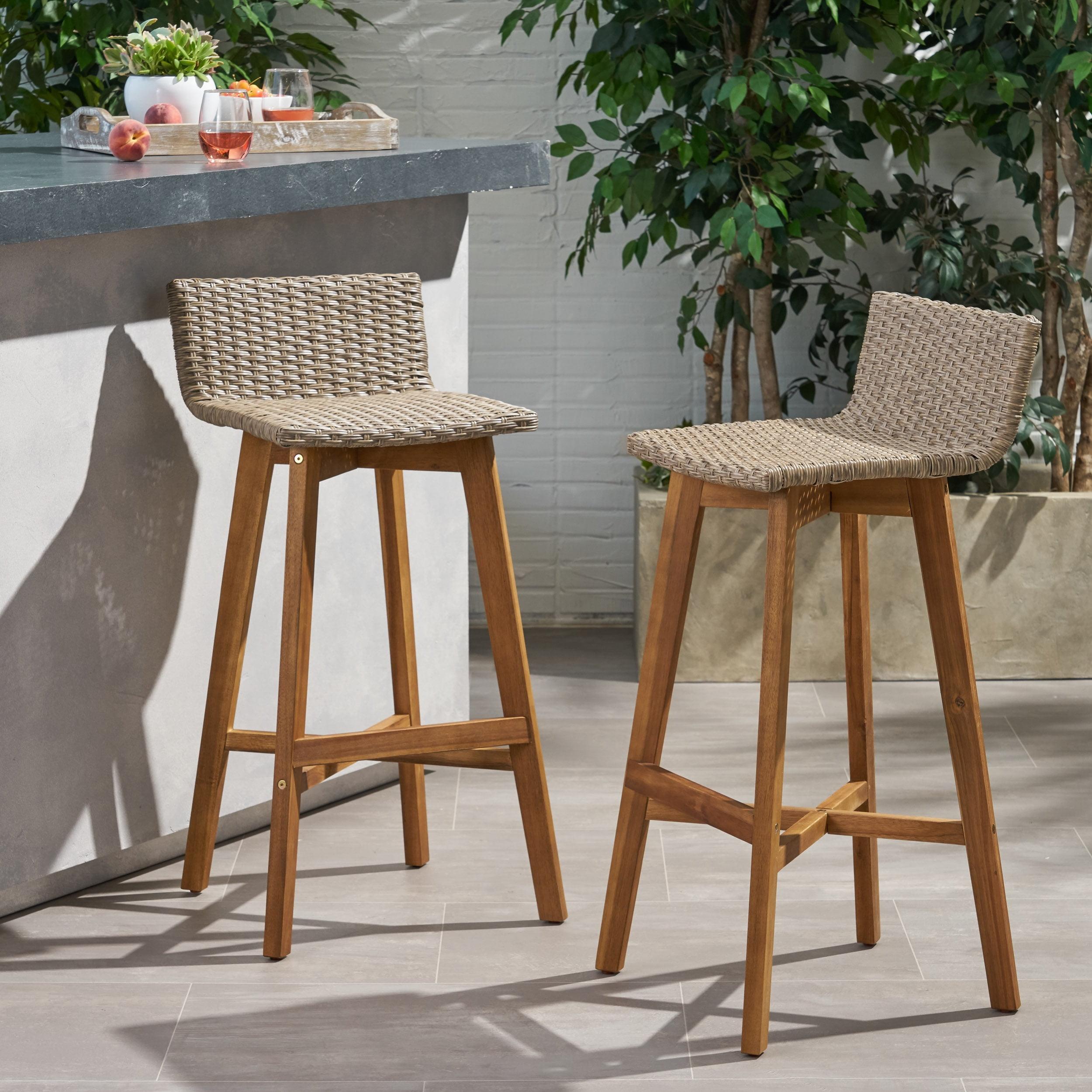 Pico Brea Outdoor Acacia Wood & Wicker Barstools, Set of 2, Light Brown and Teak