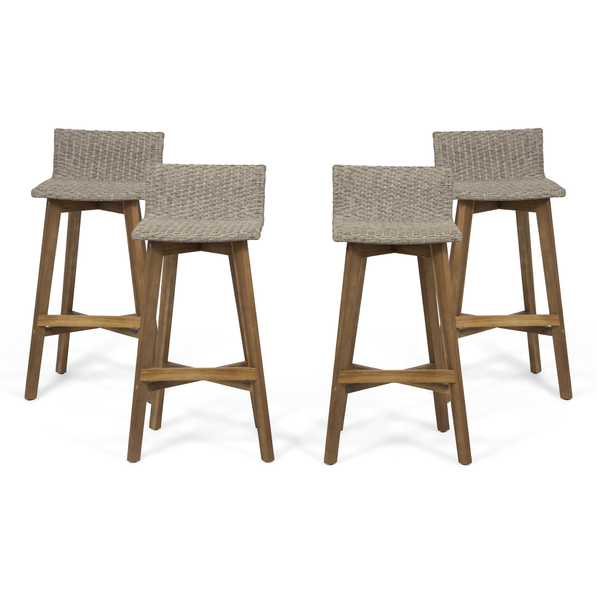 Pico Brea Outdoor Wood & Wicker Barstools, Set of 4, Light Brown and Teak