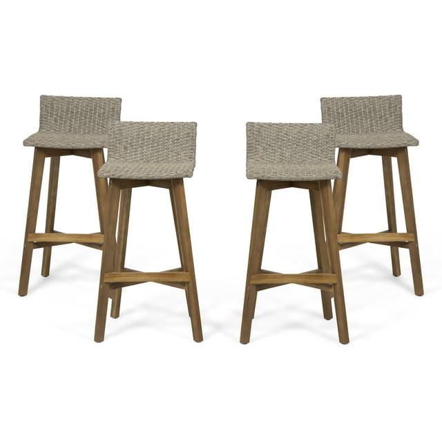 Pico Brea Outdoor Wood & Wicker Barstools, Set of 4, Light Brown and Teak