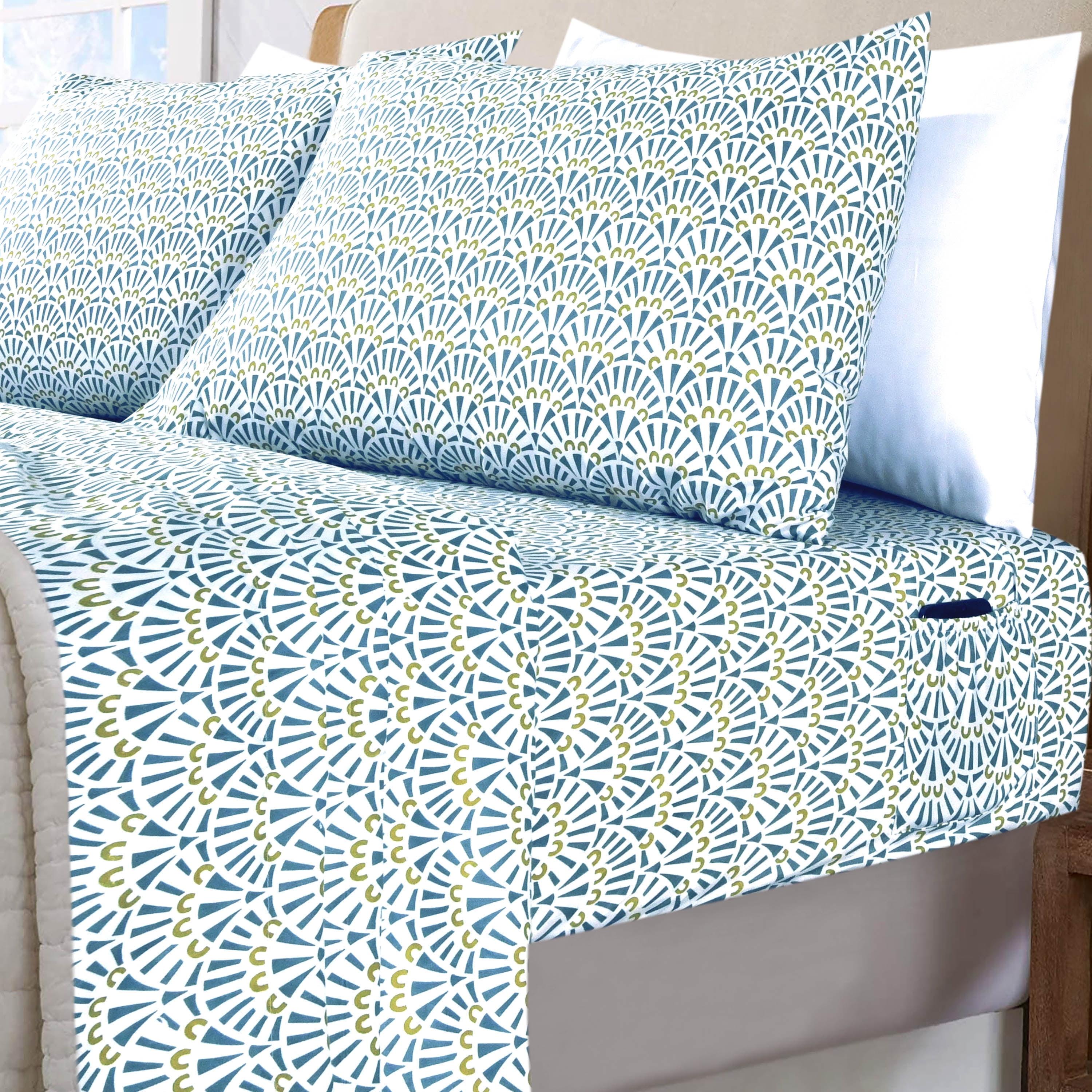 Geometric Blue Microfiber Queen Deep Pocket Sheet Set