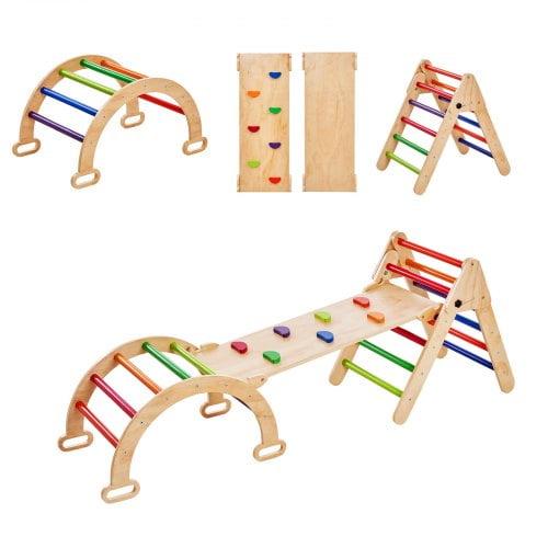 Pikler Triangle Set, 5 in 1 Toddler Climbing Toys Indoor Playground, Ramp, and Arch, Montessori Climbing Set with Triangle, Medium Size Wooden Climbing Gym for Toddlers 1-3 Years, Colorful