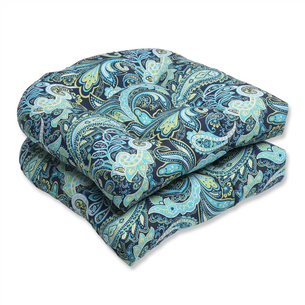 2pc OutdoorWicker Seat Cushion Set - Navy/Turqouise/Paisley - Pillow Perfect: Weather-Resistant, Tufted, Polyester Fiber Fill