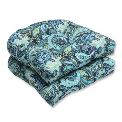 2pc OutdoorWicker Seat Cushion Set - Navy/Turqouise/Paisley - Pillow Perfect: Weather-Resistant, Tufted, Polyester Fiber Fill