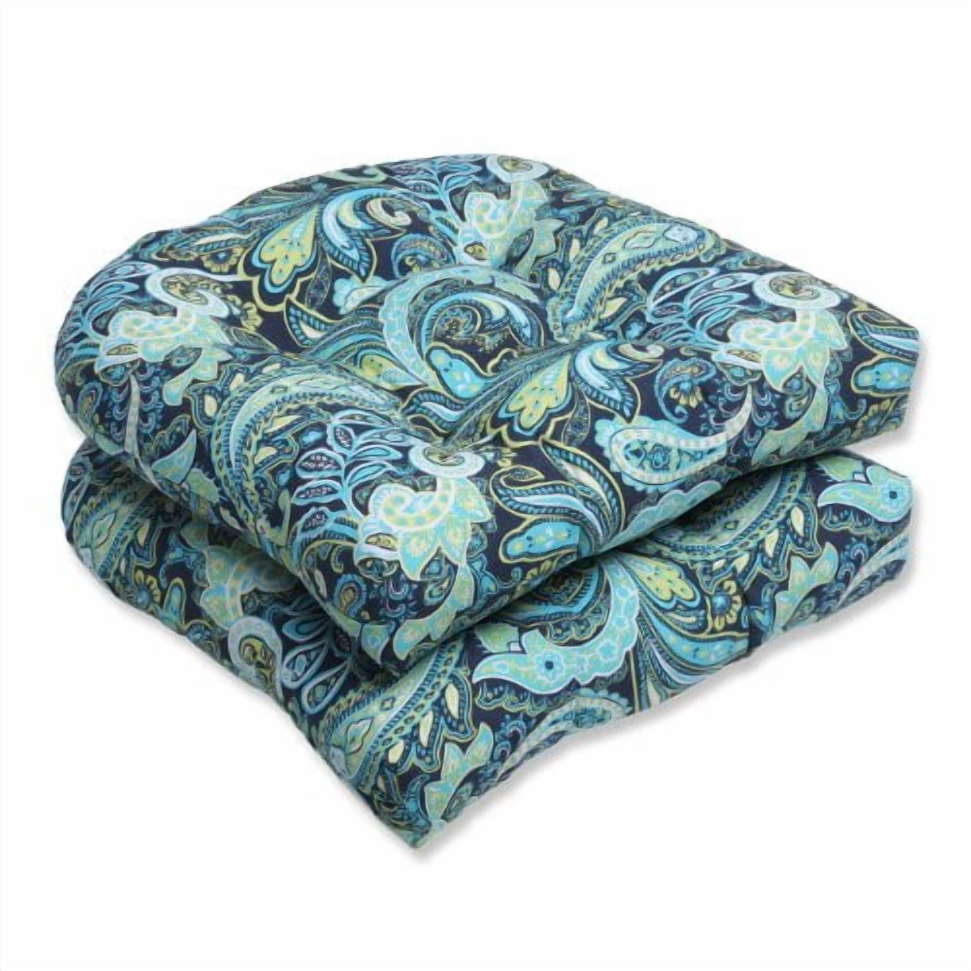 2pc OutdoorWicker Seat Cushion Set - Navy/Turqouise/Paisley - Pillow Perfect: Weather-Resistant, Tufted, Polyester Fiber Fill