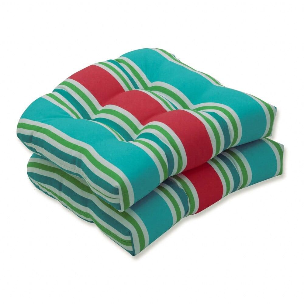 2pc Aruba Stripe Wicker Outdoor Seat Cushions Turquoise/Coral - Pillow Perfect: Weather-Resistant Patio Furniture Pads