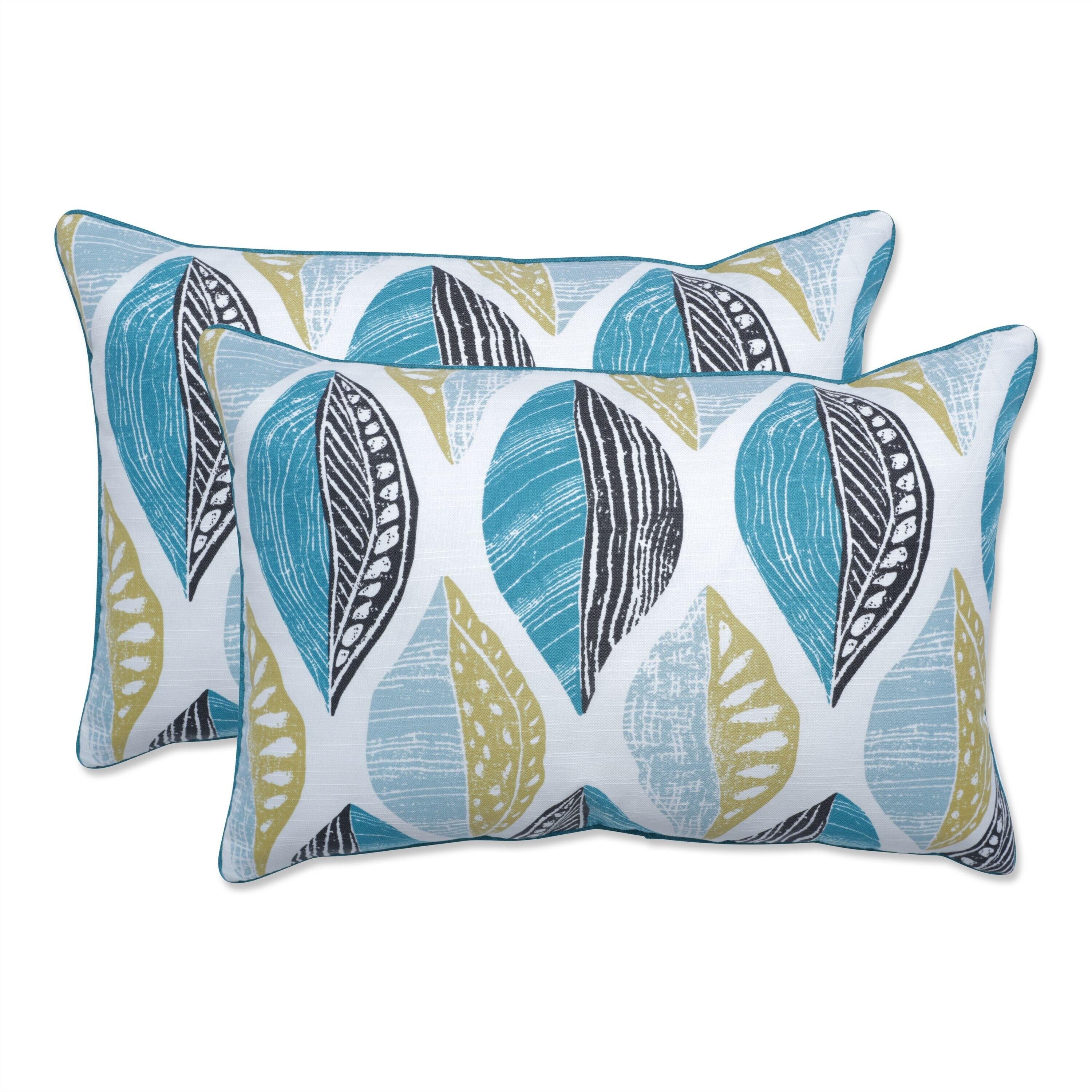 Set of 2 Teal and Citron Leaf Block Rectangular Throw Pillows