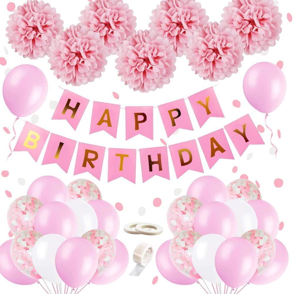 Pink and White Birthday Party Decoration Set with Balloons and Pompoms