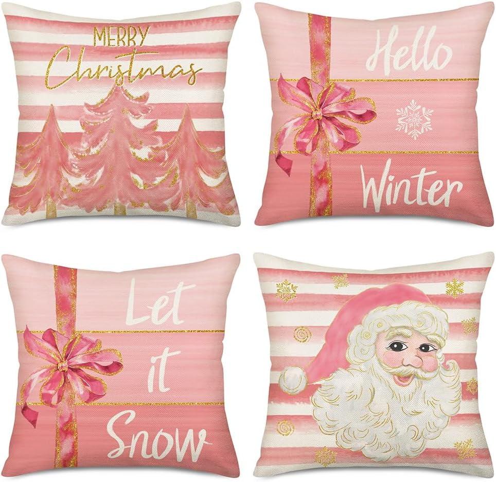 Pink and Gold Polyester Christmas Pillow Covers Set of 4