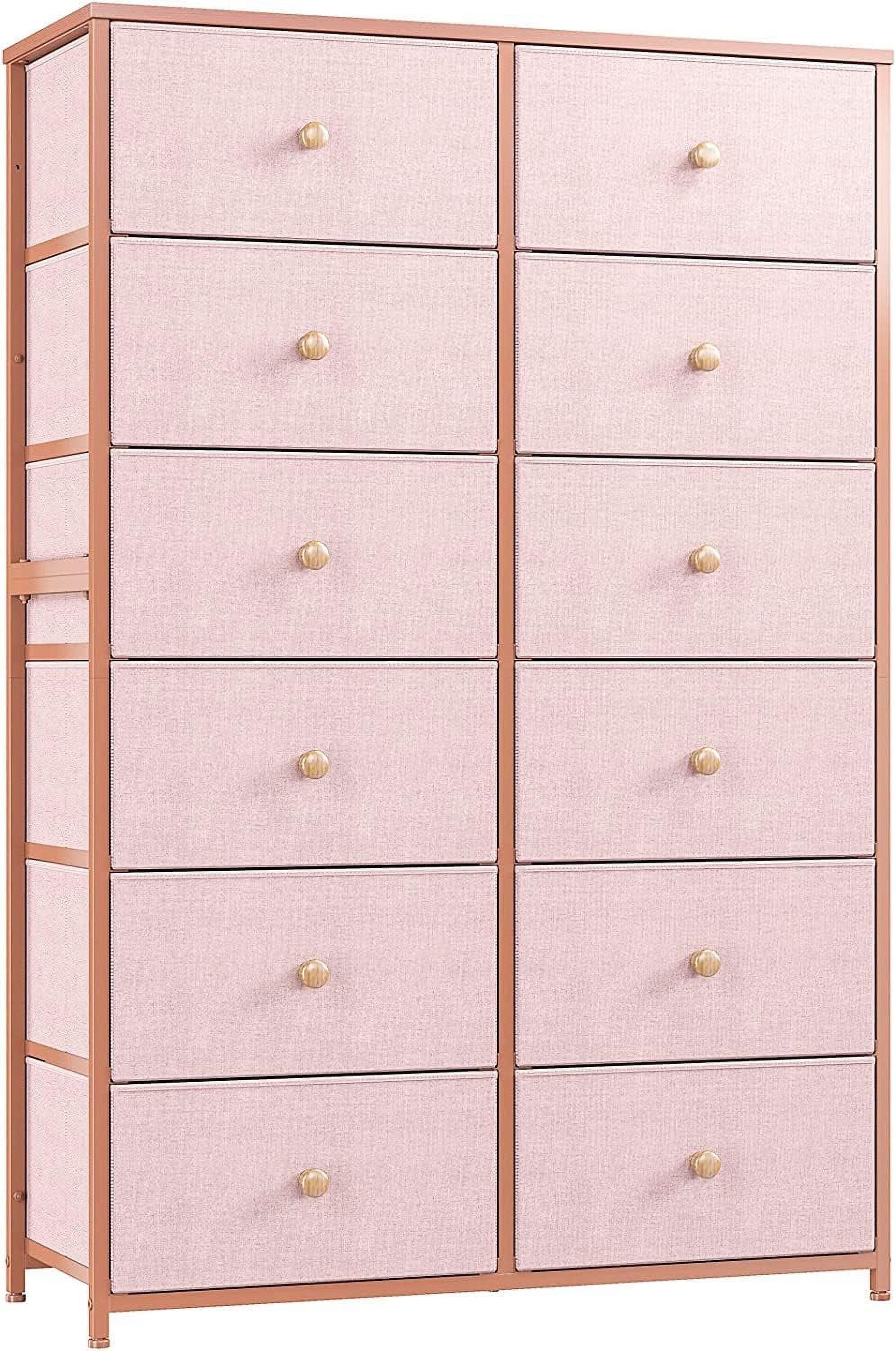 Pink Tall Nursery Dresser with 12 Fabric Drawers and Metal Frame