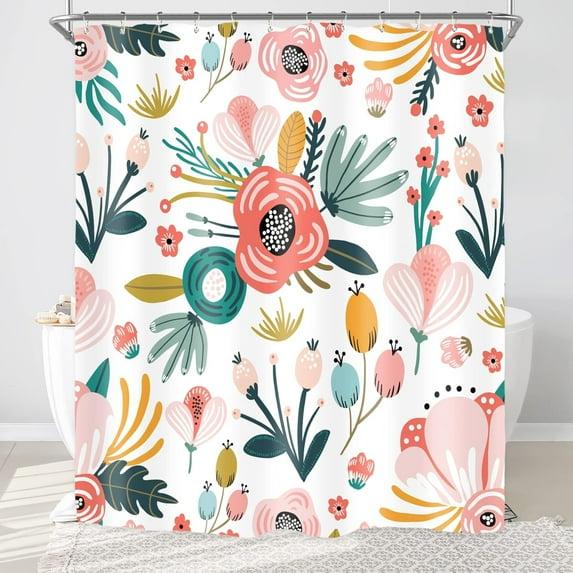 Red Barrel Studio® Pink Floral Shower Curtain For Bathroom Decor 72Wx72h Watercolor Colorful Flower Tropical Leaves Spring Botanical Sage Green Art Printed Fabric Polyester Waterproof 12 Pack Plastic Hooks