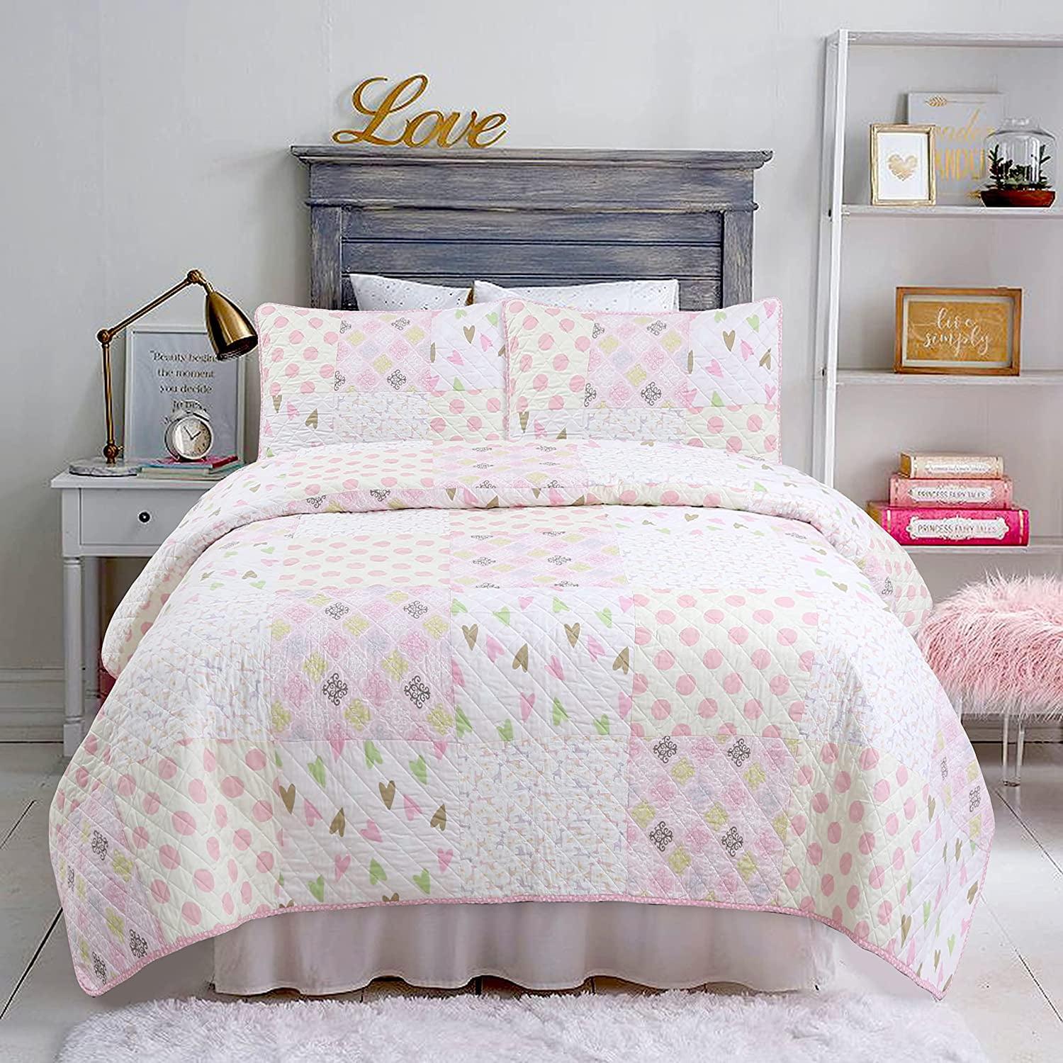 Pink Hearts and Polka Dots Cotton Twin Reversible Quilt Set