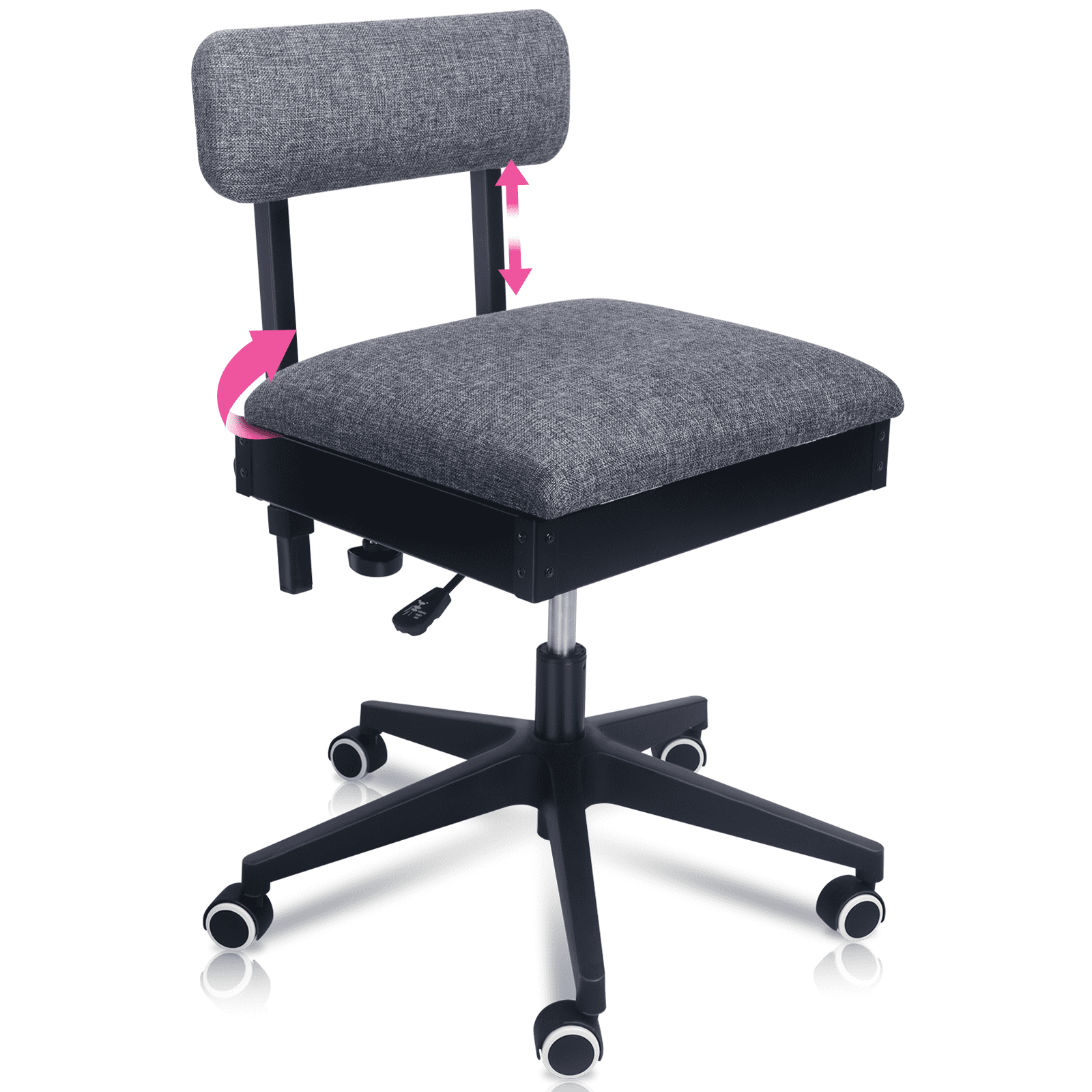 Pink Power Hydraulic Sewing Chair with Wheels and Adjustable Back Support - Armless Chair for Sewing, Crafting