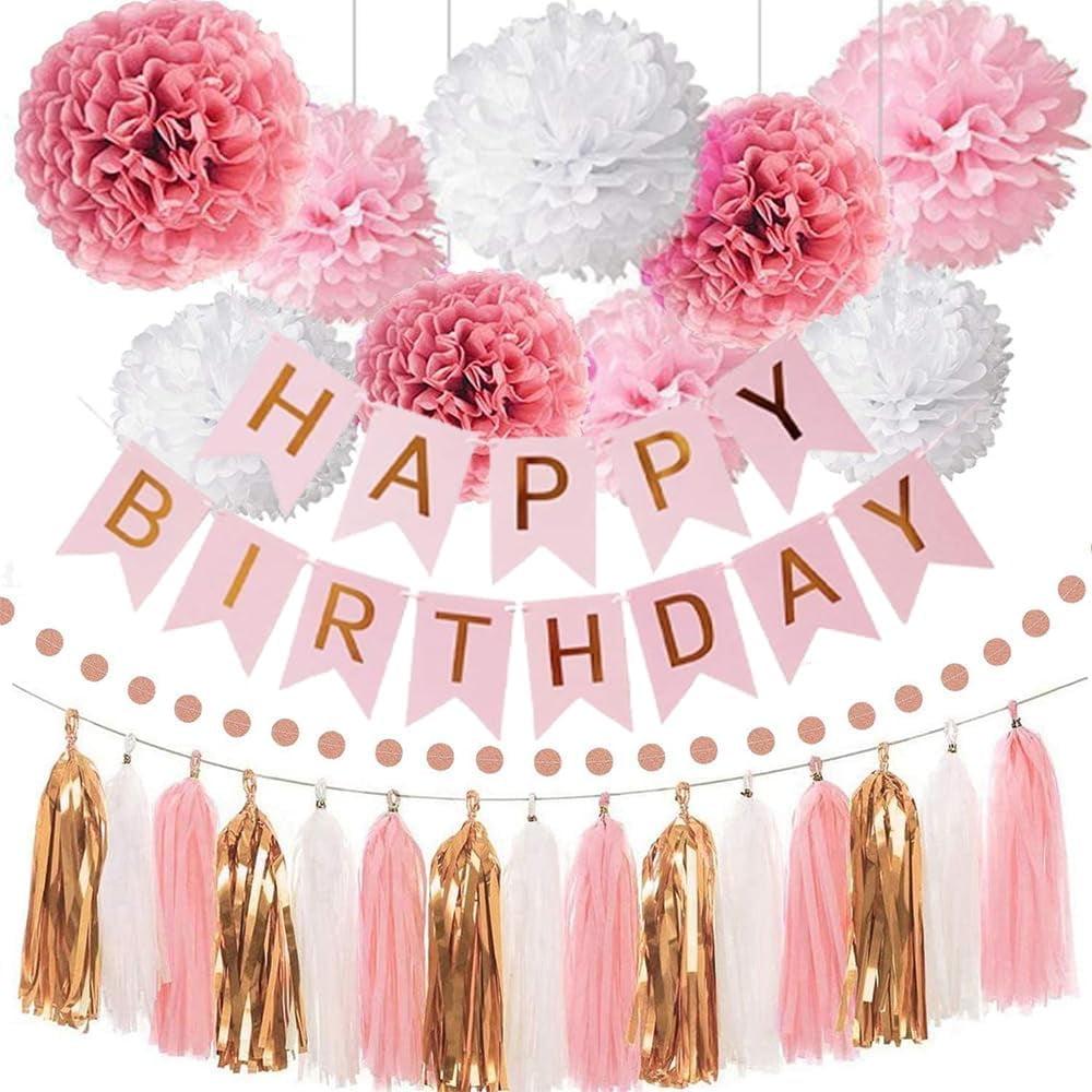 Pink Rose Gold Birthday Party Decorations Set with Banner and Tassels