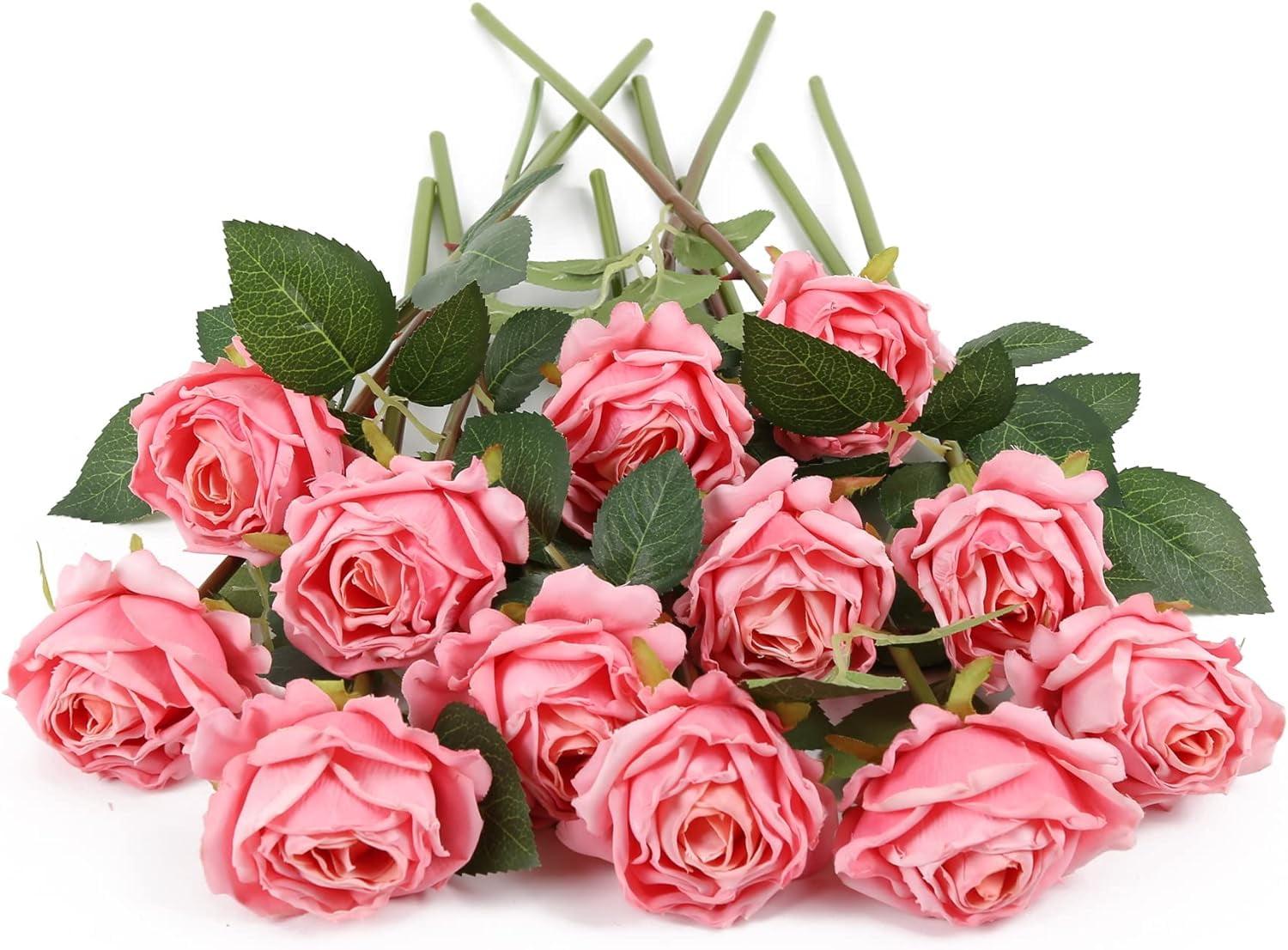 Nvzi -b 12 Bouquets of Artificial Silk Flowers Realistic Rose Bouquets with Long Stems for Home Wedding Decoration Party (Pink)