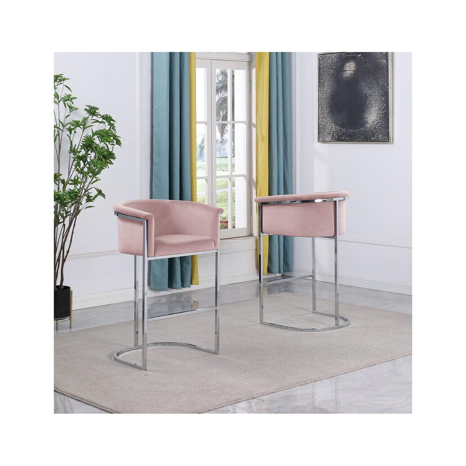 Pink Velvet Counter Height Chair with Silver Metal Base