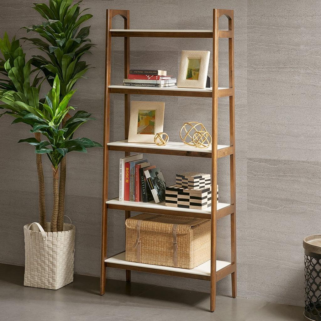 Mid-Century Pecan and Off-White Solid Wood Ladder Bookcase