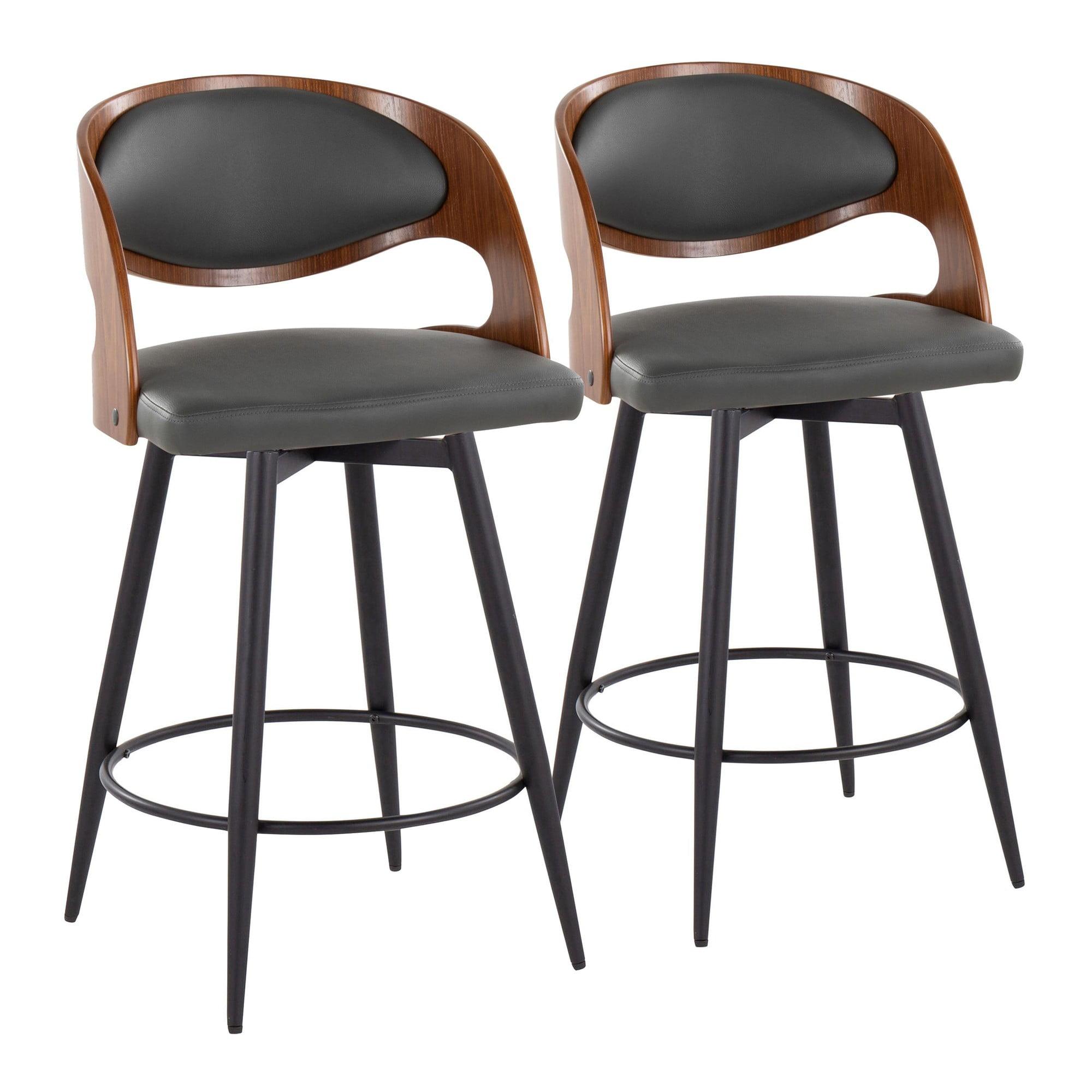 Pino 26" Mid-Century Modern Fixed-Height Counter Stool with Swivel in Walnut Wood, Black Metal, and Grey Faux Leather with Round Metal Footrest by LumiSource - Set of 2