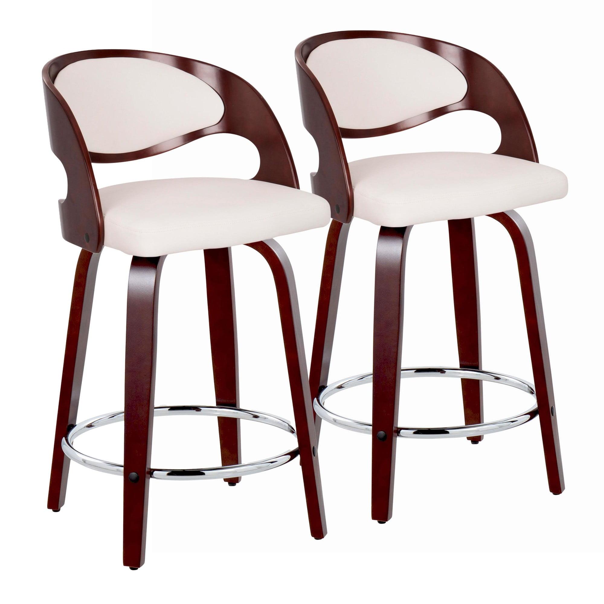 White Faux Leather and Cherry Wood Swivel Counter Stool