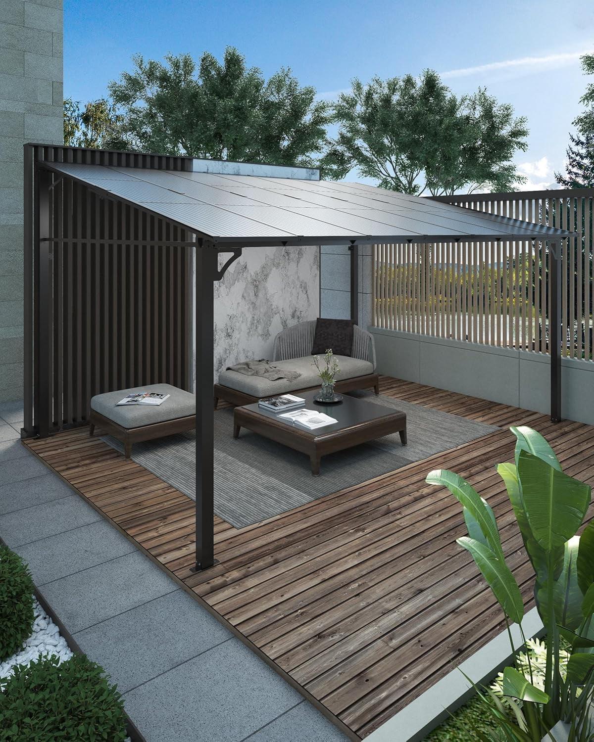 babevy 12' X 14' Lean To Gazebo, Hardtop Wall Pergola With Polycarbonate Roof, Aluminum Frame Mounted Gazebo For Lawn Patio Deck Yard And Party