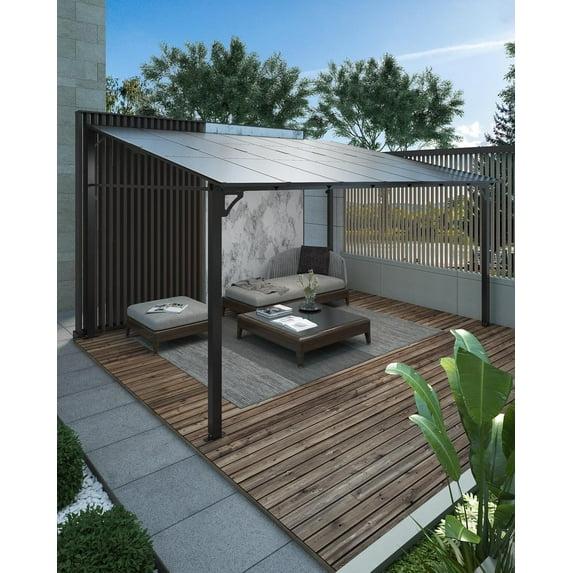 babevy 12' X 14' Lean To Gazebo, Hardtop Wall Pergola With Polycarbonate Roof, Aluminum Frame Mounted Gazebo For Lawn Patio Deck Yard And Party