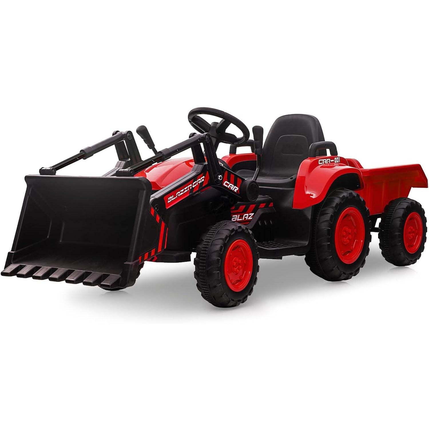 Red 12V Kids Ride-On Tractor with Trailer and Shovel Bucket