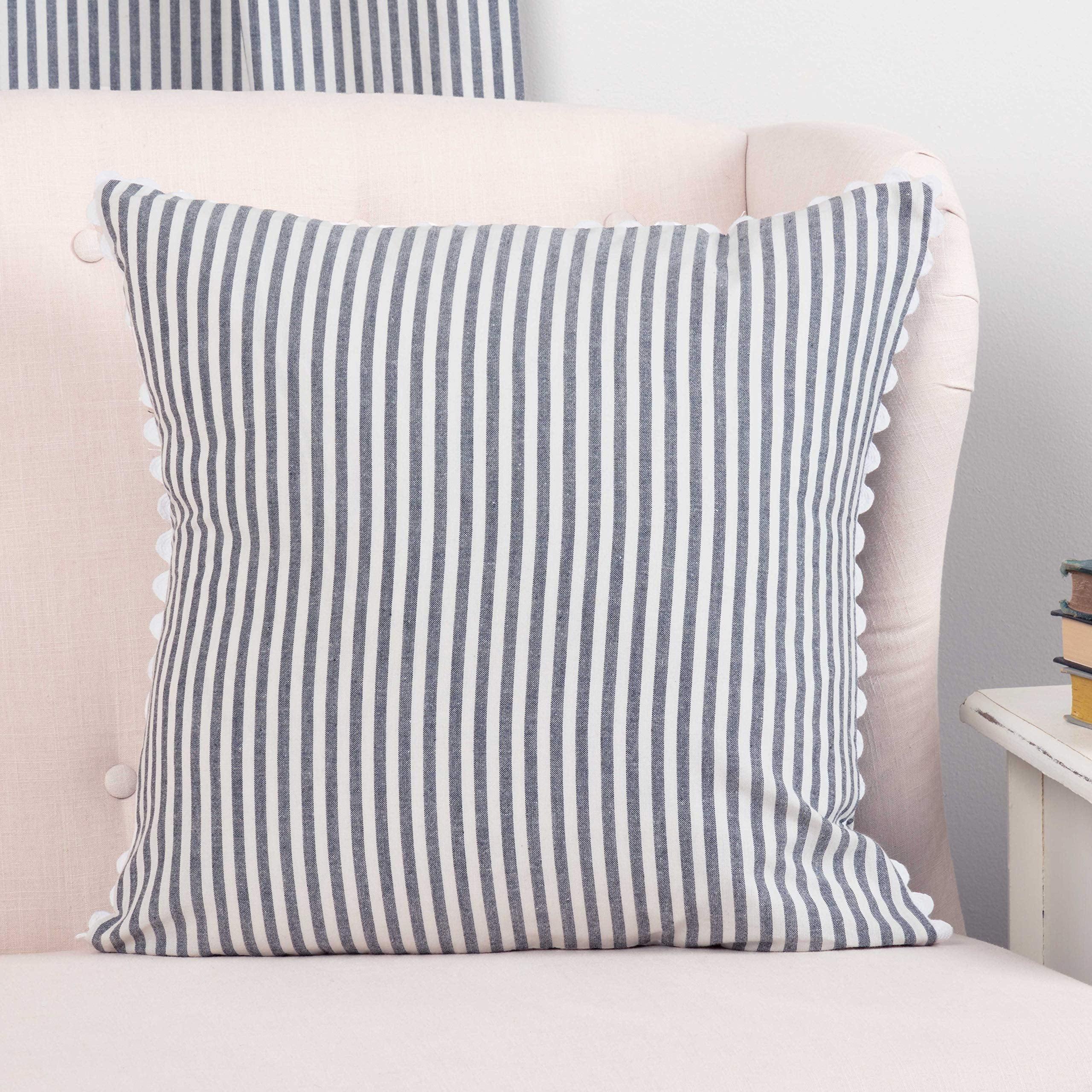 Farmhouse Ticking Stripe Blue Cotton 18" Pillow Cover