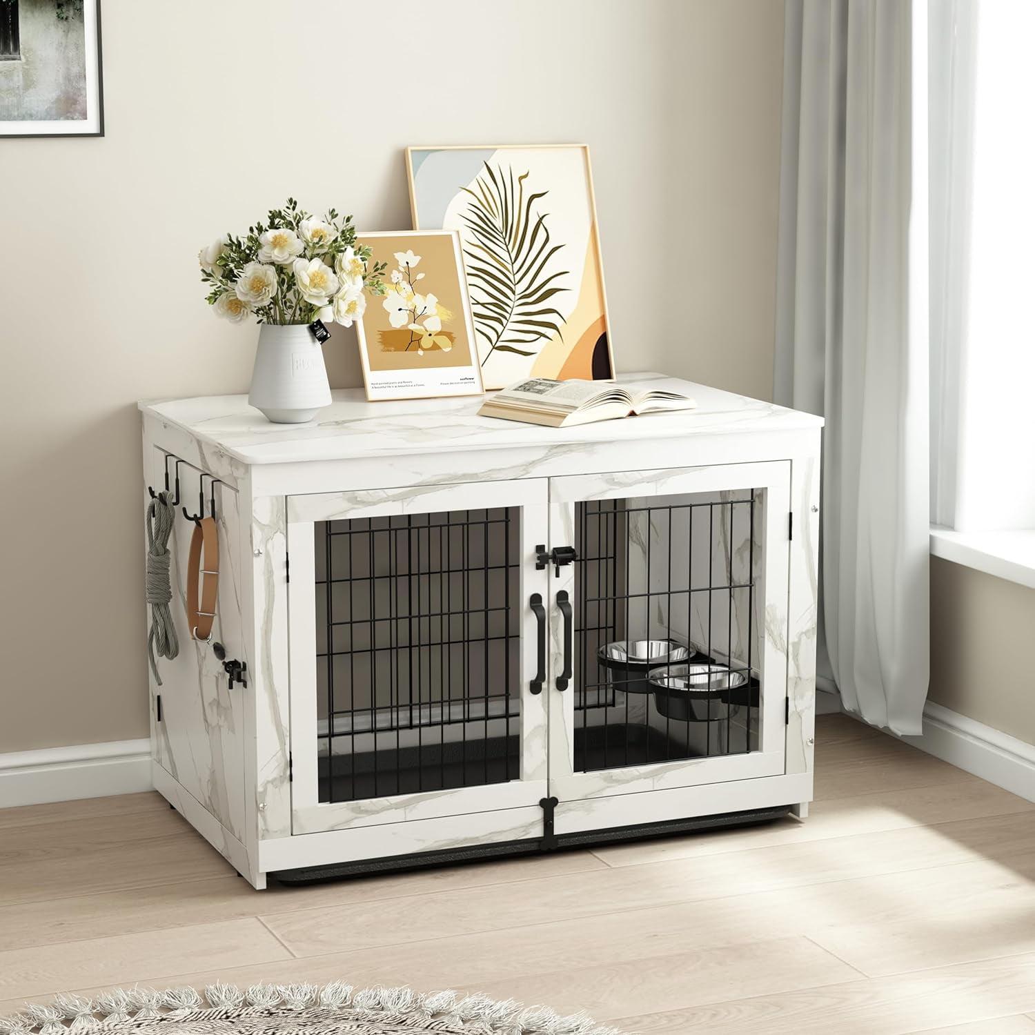 Marble White Medium Dog Crate Table with Rotating Bowls