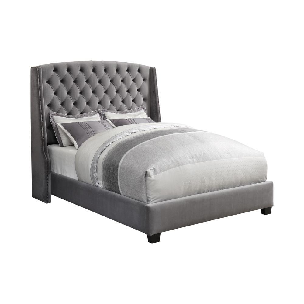Transitional Gray Velvet Queen Bed with Tufted Nailhead Headboard