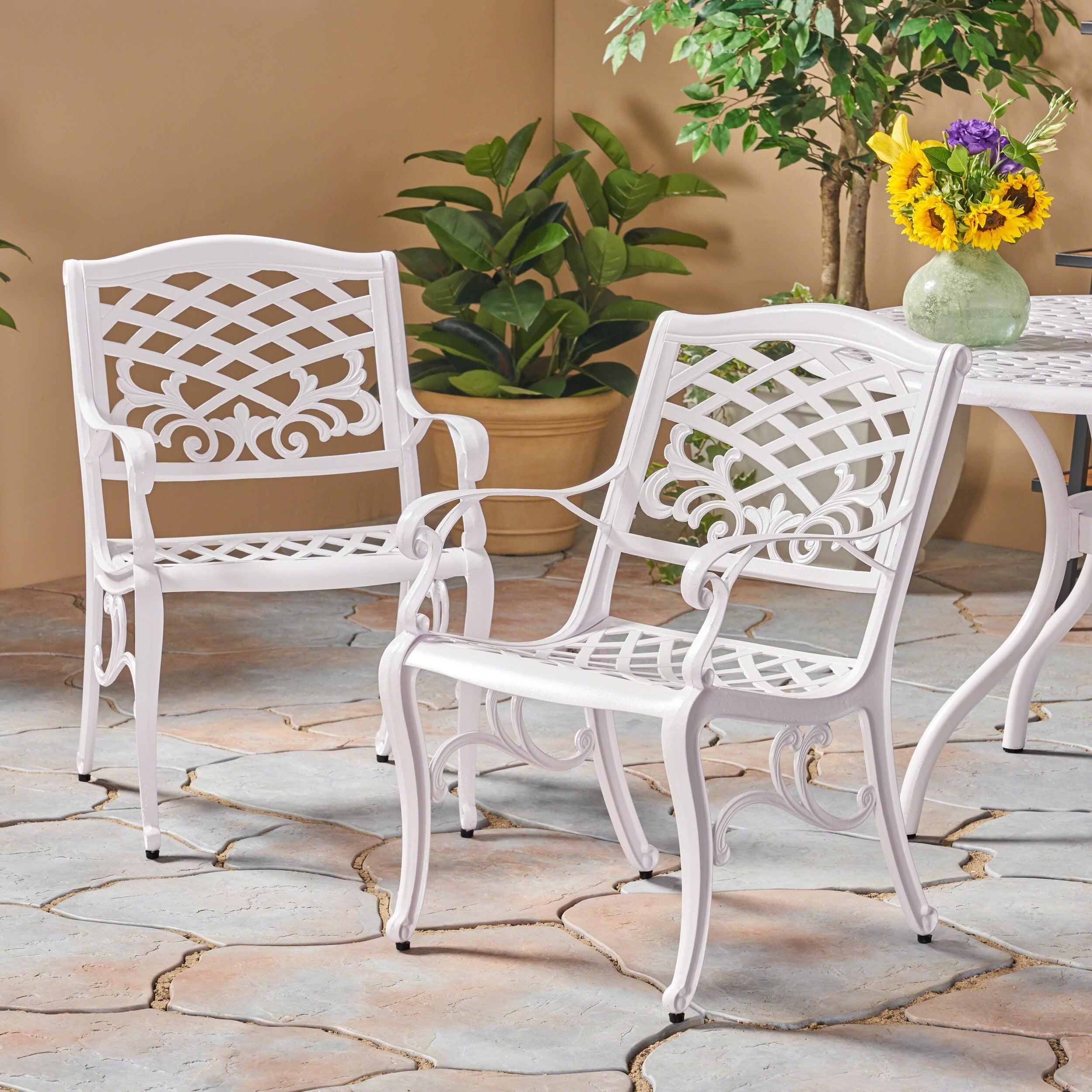 White Cast Aluminum Outdoor Dining Arm Chair Set