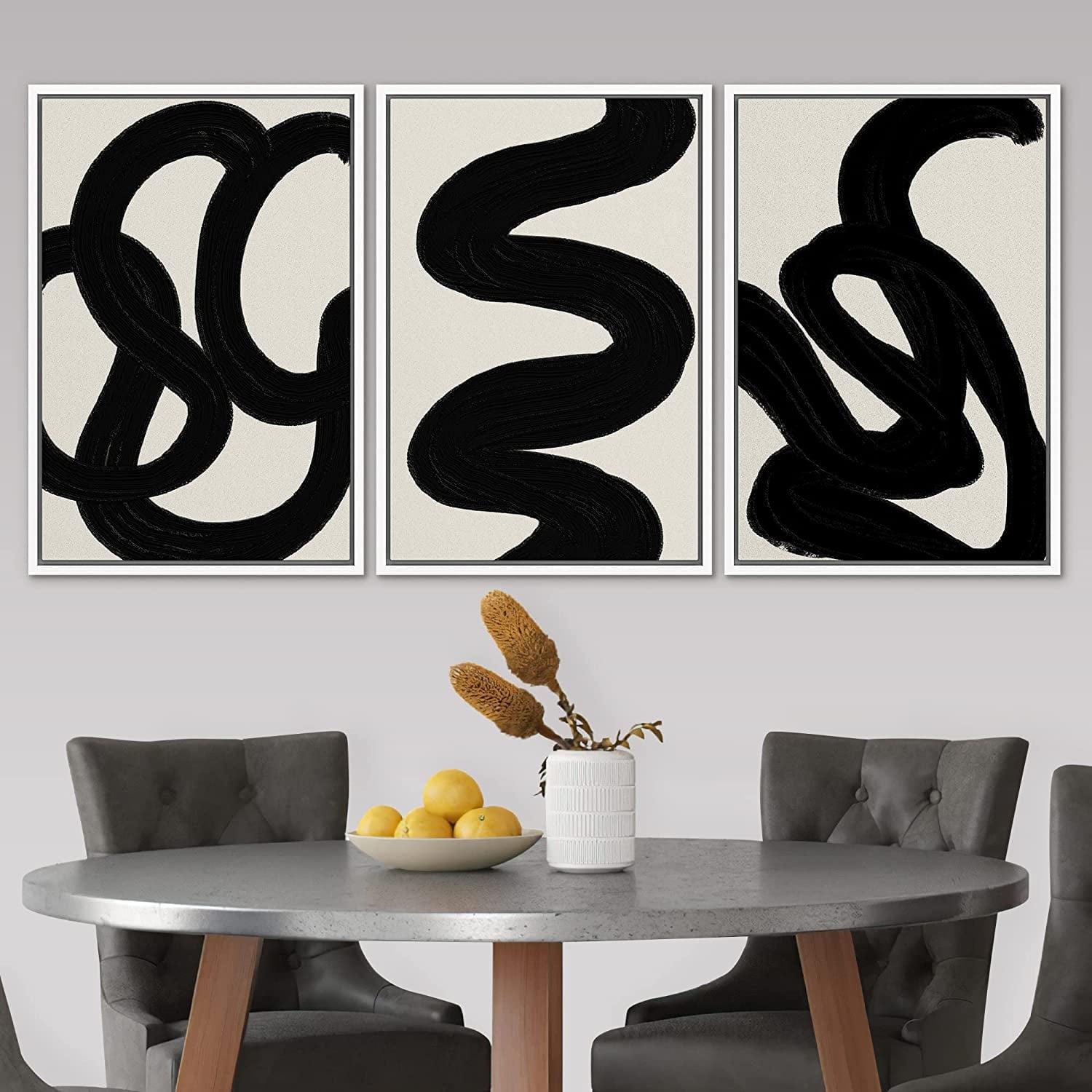 White Framed Abstract Black Brush Stroke Canvas Art Set