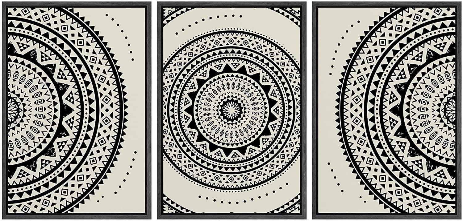 Black Indian Mandala Pattern Boho Geometric Abstract Chic Wall Art Framed On Canvas 3 Pieces Print