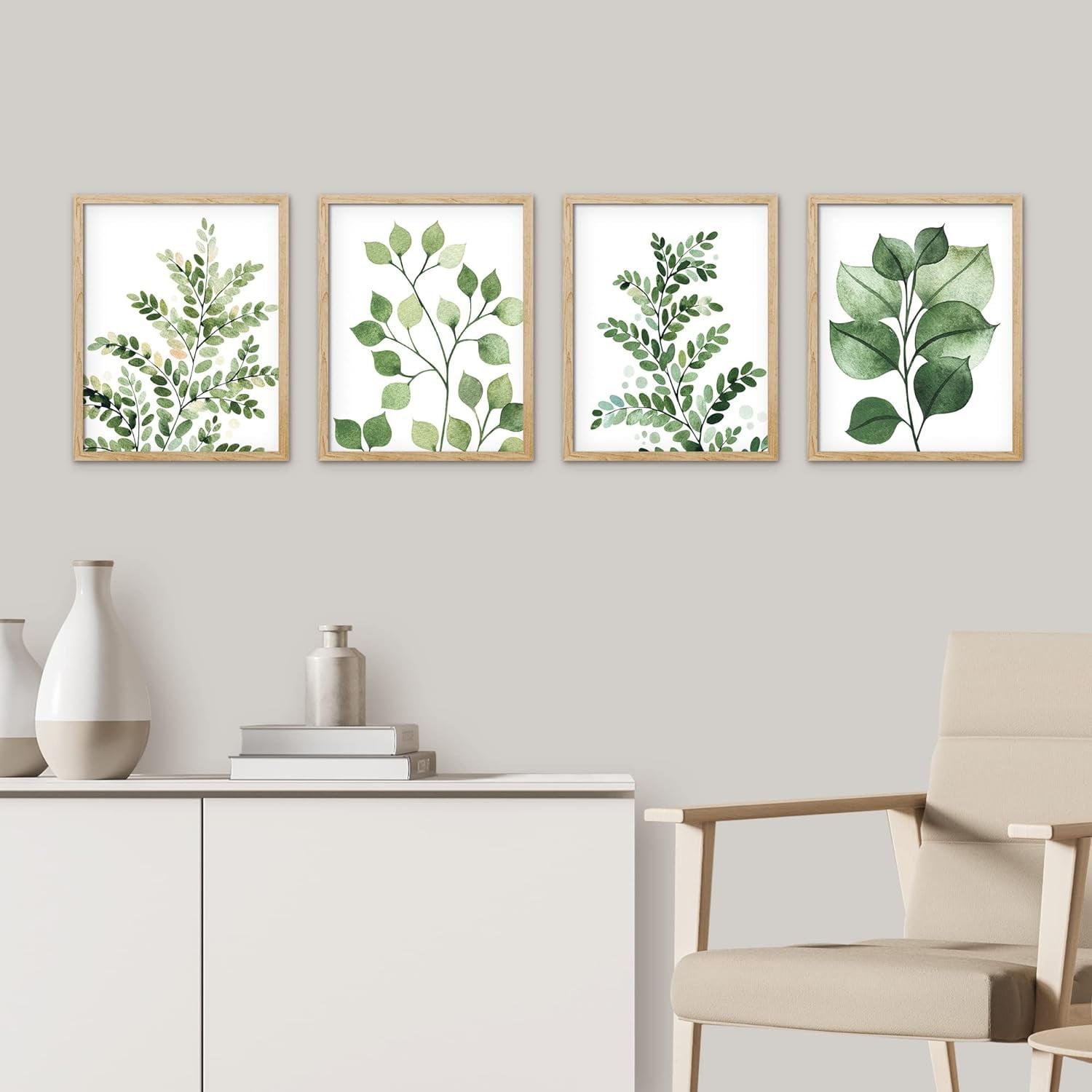 IDEA4WALL Minimal Botanical " IDEA4WALL Framed Pastel Watercolor Green Leaves Wall Art, Set Of 4 Nature Wilderness Wall Decor Prints, Botanical Floral Wall Decor For Living Room, Bedroom " 4 - Pieces