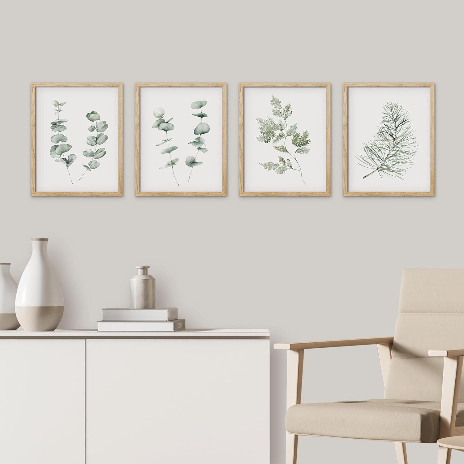 IDEA4WALL Minimal Botanical " IDEA4WALL Framed Pastel Watercolor Green Leaves Wall Art, Set Of 4 Nature Wilderness Wall Decor Prints, Botanical Floral Wall Decor For Living Room, Bedroom " 4 - Pieces