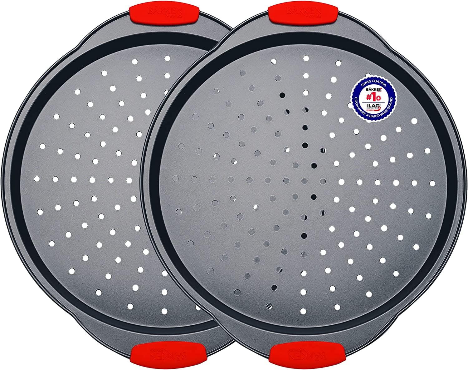 Non-Stick Carbon Steel Perforated Pizza Pans with Silicone Handles