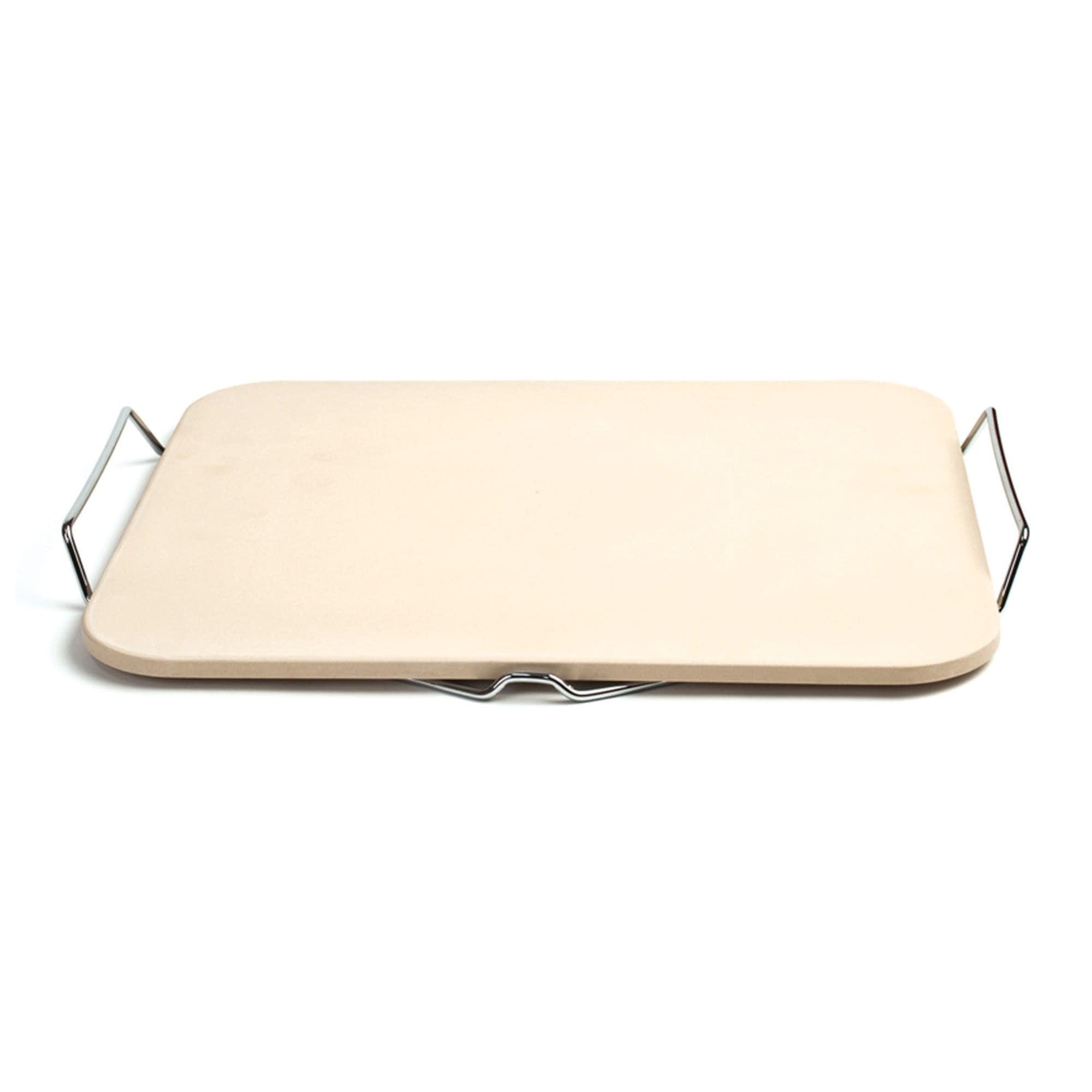 Beige Rectangular Ceramic Pizza Stone with Wire Handles