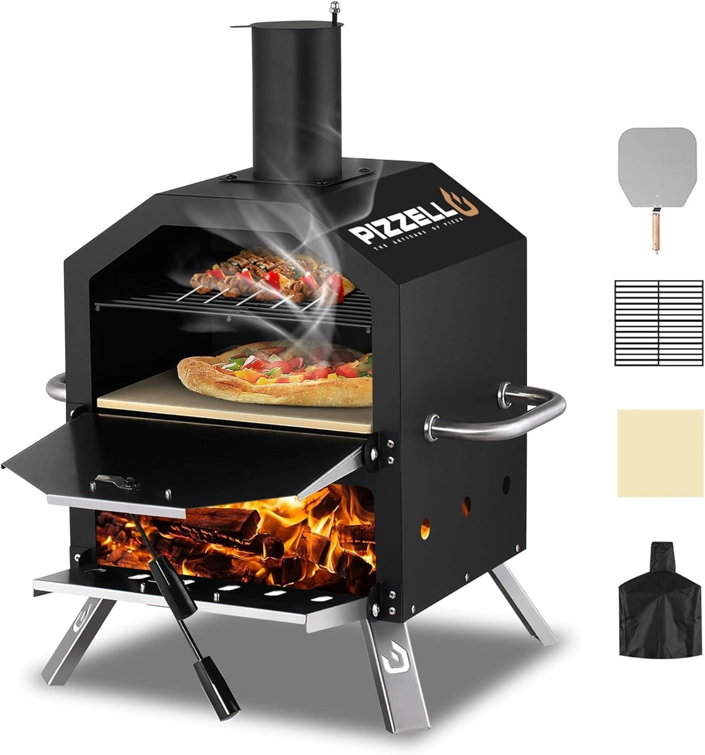 12 in. Outdoor Wood Fired Pizza Oven 2-Layer Pizza Maker Outside Pizza Grill for Backyard Parties, Black