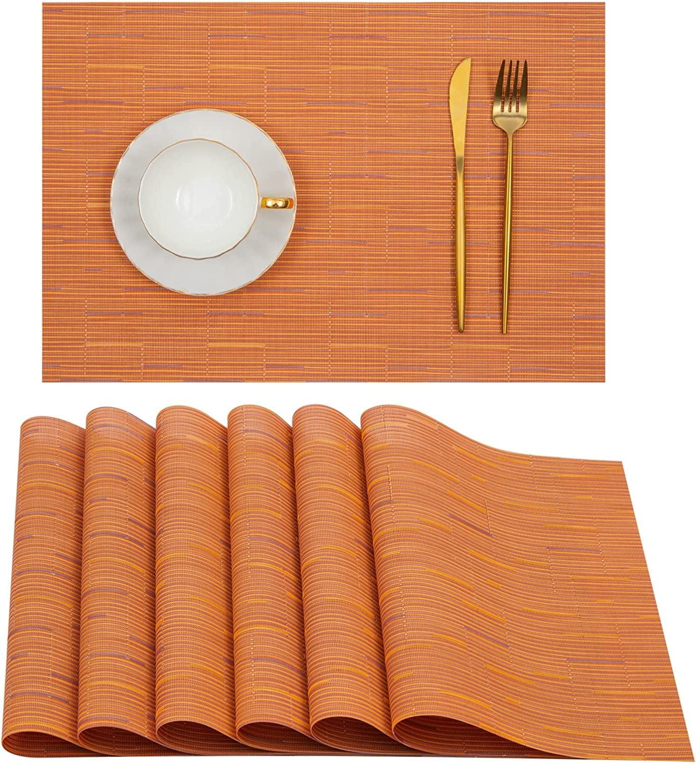 Placemats, Heat-Resistant Placemats Stain Resistant Anti-Skid Washable PVC Table Mats Woven Vinyl Placemats, Set of 6 (Orange)